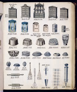 Keittiön säilytysastiat ja ruokailuvälineet kotitaloustavaroiden ja varusteiden kauppaluettelosta, n. 1890-1910 tekijältä English School