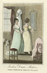 Naisten mekkovalmistaja, pubi. 1804 (käsinvärinen kaiverrus) tekijältä English School