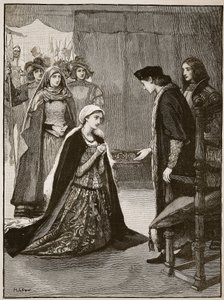 Lady Catherine Gordon ennen Henry VII:tä, kuvitus Cassells Illustrated History of Englandista (seepiakuva) tekijältä English School