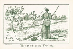 Nainen kalastaa herrasmiehen katselemana, joulukortti (kromoliittikuva) tekijältä English School