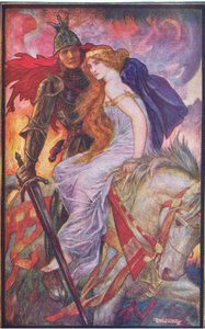 Lancelot kantaa Gueneveren kuvitusta Longmans Greenin ja Co:n julkaisemasta The Book of Romancesta tekijältä English School