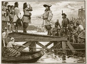 Marshall Schombergin maihinnousu Carrickfergusissa, kuvitus Cassells Illustrated History of Englandista (seepiakuva) tekijältä English School