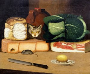 Suurempi asetelma, jossa kissa metsästää hiirtä, n. 1840