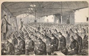 Suuri Oakum-huone (Silent Systemin alla) Middlesex House of Correctionissa, Coldbath Fields, kuvitus Lontoon rikosvankiloista ja kohtauksia vankilaelämästä Henry Mayhew ja John tekijältä English School