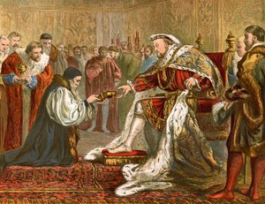 Latimer esittelee Raamattua Henrik VIII:lle (värillinen kaiverrus). tekijältä English School