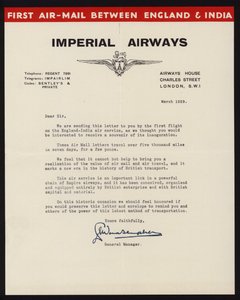 Imperial Airways aloitti ensimmäisen lentopostipalvelun Englannin ja Intian välillä maaliskuussa 1929 (litho) tekijältä English School