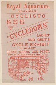 Esite, joka mainostaa Cycledoms Ladies and Gents Cycle -näyttelyä Royal Aquariumissa tekijältä English School