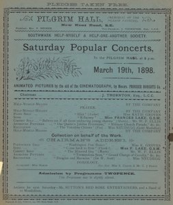 Esite, joka mainostaa lauantain suosittuja konsertteja Pilgrim Hallissa tekijältä English School