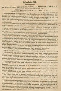 Esite, jossa selitetään Länsi-Lontoon Lancasterian Associationin päätös aloittaa lasten opetus, elokuu 1813 tekijältä English School