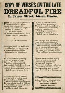 Esite, jossa on säkeet tulipalosta James Streetillä, Lisson Grovessa, Lontoossa tekijältä English School