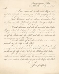 Kirje, jossa kerrotaan järjestelyistä Lontoon Guildhallissa 9. marraskuuta 1868 järjestettävän juhlaan tekijältä English School