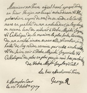 George I:n kirje Kaarle VI:lle, 1717, julkaistu Leisure Hourissa, 1891 tekijältä English School