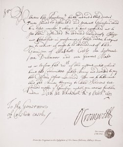 Oliver Cromwellin kirje Calshottin linnan kuvernöörille, 1651, faksimile alkuperäisestä, Sir James Fellowesin hallussa Adbury Housesta tekijältä English School