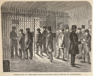 Vankien vapauttaminen Coldbath Fields House of Correctionista, kuvitus Lontoon rikosvankiloista ja Henry Mayhew