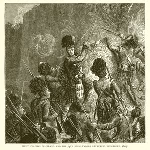 everstiluutnantti Maitland ja 75. Highlanders hyökkäämässä Bhurtporeen, 1805 tekijältä English School