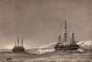 Luutnantti William Parryn ensimmäinen matka: H.M.S. Hecla ja H.M.S. Griper in Winter Harbour, n. 1819 (kynä ja muste ja pesu paperille) tekijältä English School