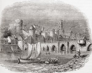Limerick, Limerickin kreivikunta, Irlanti, jossa näkyy kuningas Johanneksen linna Shannon-joen varrella ja Thomandin silta, Vanhasta Englannista: A Pictorial Museum, pub. 1847 tekijältä English School