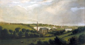 Pellavatehdas Chapelizodissa, lähellä Lucania, Dublinissa, Irlannissa, n. 1840 tekijältä English School