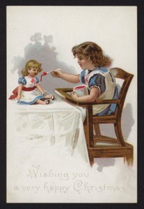 Pieni tyttö leikkimässä nukkensa ruokkimisessa, joulutervehdyskortti, 1800-luvun loppu tai 1900-luvun alku tekijältä English School