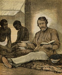 Livingstone lukemassa Raamattua (värikaiverrus) tekijältä English School