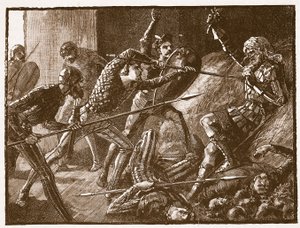 Llewelynsin viimeinen taistelu, kuvitus Cassells Illustrated History of Englandista (seepiakuva) tekijältä English School