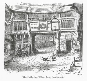 Lontoon seurat: Catharine Wheel Inn, Southwark (kaiverrus). tekijältä English School