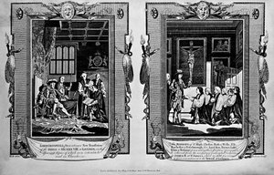 Lordi Cromwell esittelee Raamatun Henrik VIII:lle ja piispat esittäen anomuksen James II:lle vuonna 1688 Paul Wrightin "Uudesta ja täydellisestä marttyyrien kirjasta" tekijältä English School