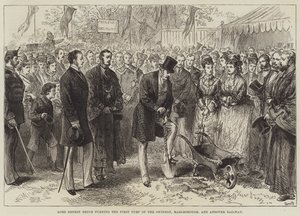 Lord Ernest Bruce kääntää Swindonin, Marlboroughin ja Andoverin rautatien ensimmäisen nurmen (kaiverrus) tekijältä English School