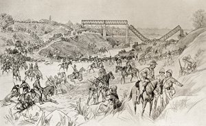 Lord Robertsin pylväs, joka ylitti Sand River Driftin toisen buurisodan aikana, Louis Creswicken teoksesta Etelä-Afrikka ja Transvaalin sota, julkaistu 1900 (litho) tekijältä English School