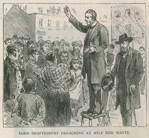 Lord Shaftesbury saarnaa Mile End Wastessa Lontoossa tekijältä English School