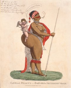 Rakkaus ja kauneus - Sartjee the Hottentot Venus, 1810 (käsinvärinen kaiverrus) tekijältä English School