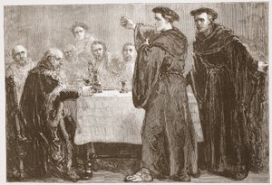 Luther haastaa Carlstadtin kirjoittamaan häntä vastaan, kuvitus James Aitken Wylien (1808-1890) teoksesta The History of Protestantism, pub. 1878 tekijältä English School