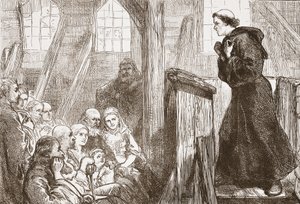 Luther saarnaamassa Wittenbergin vanhassa puukirkossa, kuvitus James Aitken Wylien (1808-1890) Protestantismin historiasta, pub. 1878 tekijältä English School