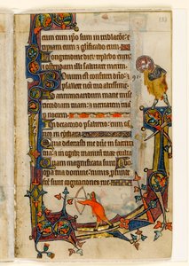 MS 1-2005, fol. 133r: Jousimies ja Pyhä Johannes Kastaja, marginaalinen koristelu Macclesfield Psalterista, Use of Sarum, East Anglia, n. 1330 tekijältä English School