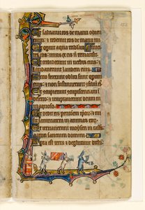 MS 1-2005, fol. 152r: Kanin hautajaiskulkue, marginaalinen koristelu Macclesfield Psalterista, Sarumin käyttö, East Anglia, n. 1330 tekijältä English School