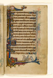 MS 1-2005, fol. 15r: Jänis ja koira soittamassa urkuja, marginaalinen koristelu Macclesfield Psalterista, Use of Sarum, East Anglia, n. 1330 tekijältä English School
