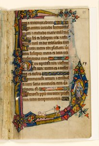 MS 1-2005, fol. 85r: Katuvainen koiran kanssa, marginaalinen koristelu Macclesfield Psalterista, Use of Sarum, East Anglia, n.1330 tekijältä English School