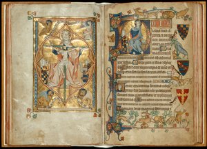 MS 242 f. 28v-29r Armon valtaistuin suojelijoiden kanssa, Kristus siunaus suojelijan kanssa, n. 1314-30 (kultalehti ja tempera pergamentilla) tekijältä English School