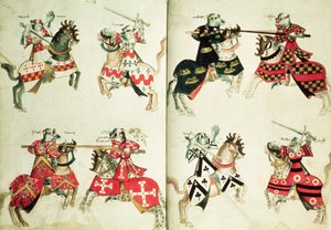 MS Harley 4205 fol.31v-32 Turnajaritarit heraldisilla tunnuksilla (vellum) tekijältä English School