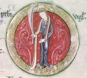 MS Hunter 229 f.4v Virgo, Hunterian Psalter, n. 1170 (kynä & muste ja tempera perunakalvolla) (yksityiskohta) tekijältä English School
