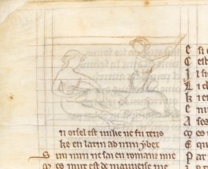 MS McClean 123 f.40v -pohjapiirros pienoiskoossa, jossa metsästäjä nappaa neitsyen sylissään alasti makaavan yksisarvisen, "Nuneaton Book", n. 1280-1300 (muste pergamentille) (yksityiskohta numerosta 418062) tekijältä English School