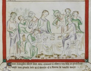 MS Royal 2 BVII, f.43 Simsonin ja Delilan tapaaminen filistealaisten juhlassa, yksityiskohta Queen Mary Psalterista tekijältä English School