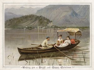 Mies soutamassa kahta tyttöä järvellä (väri litho) tekijältä English School
