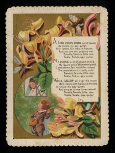Mies serenadoi rakastajaansa ja kuusamaa, onnittelukortti (chromolitho) tekijältä English School
