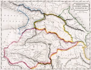 Armenian, Kolkisten, Iberian ja Albanian kartta, Samuel Butlerin julkaisusta "The Atlas of Ancient Geography", julkaistu Lontoossa, n. 1829 (värilitho)