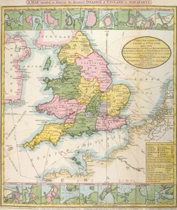 Britannian kartta, joka havainnollistaa Napoleon Bonaparten (1769-1821) 1803 uhattua hyökkäystä (väri litho) tekijältä English School