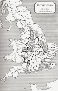 Britannian kartta vuonna 640, Northumbrian kuningaskunnasta J. R. Greenin teoksessa A Short History of the English People, julkaistu 1893