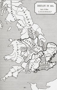Britannian kartta vuonna 665, Northumbrian kuningaskunnasta 588–685 J. R. Greenin teoksessa A Short History of the English People, julkaistu 1893