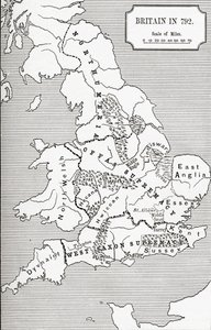 Britannian kartta vuonna 792, kolmesta kuningaskunnasta 685–828 J. R. Greenin teoksessa A Short History of the English People, julkaistu 1893
