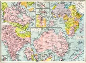 Kartta brittiläisistä omaisuuksista vuonna 1914 ensimmäisen maailmansodan puhkeamisen yhteydessä, British Empire Universities Modern English Illustrated Dictionary, pub.1914 tekijältä English School
